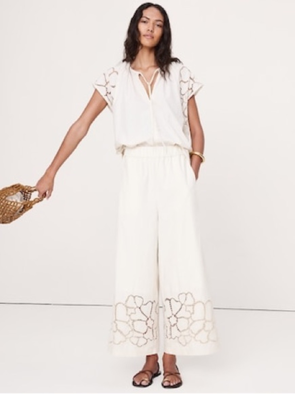 Banana Republic Poplin Cream Eyelet-Trim Wide-Leg Capris